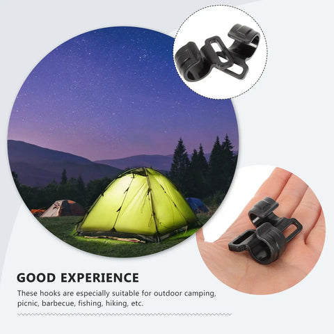 Product image showing ten pack large plastic camping tent hooks sturdy hanging organizer hooks for tent poles and outdoor gear.