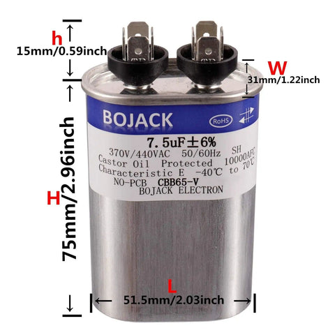 7.5 uF Run Start Capacitor For AC Motors And Fans 370V And 440V Oval CBB65 UL Recognized Safe Ideal For Heat Pumps And Air Conditioners Replacement For 27L566BZ3
