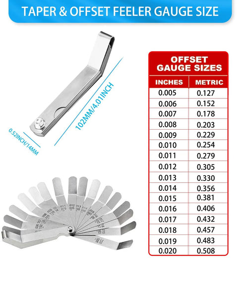 Feeler gauge set with 32 stainless steel blades; dual metric and SAE markings, blades fanned beside a folded handle.