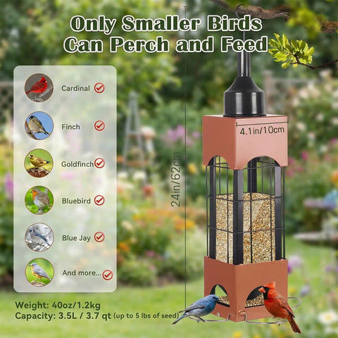 Squirrel Proof Outdoor Bird Feeders With 5 Pound Capacity Metal Tube Design Beefy Build Heavy Duty Chew Proof For Cardinal Finch Chickadee Birds Garden Yard Hanging Decor, 24-inch tall gold feeder with bird images.