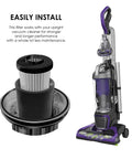Four Pack Replacement Vacuum Filters For Endura F112 Style Odor Trapping Filter That Helps You Breathe Easy next to a vacuum cleaner