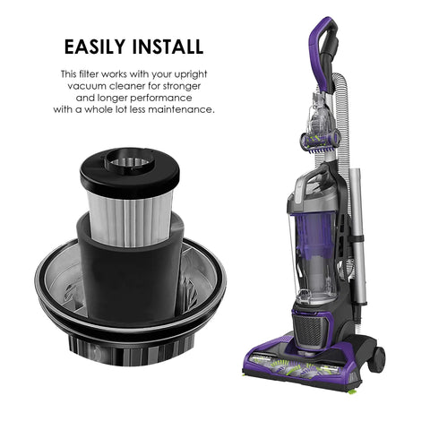 Four Pack Replacement Vacuum Filters For Endura F112 Style Odor Trapping Filter That Helps You Breathe Easy next to a vacuum cleaner