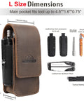 Badass Leather Multitool Sheath For Men Featuring Magnetic Closure Belt Holster Everyday Carry Organizer, showing dimensions and tools.