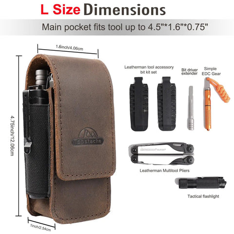 Badass Leather Multitool Sheath For Men Featuring Magnetic Closure Belt Holster Everyday Carry Organizer, showing dimensions and tools.