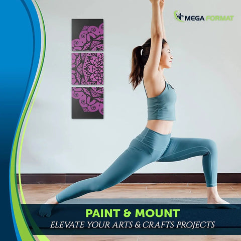 Woman practicing yoga indoors, stretching in front of wall-mounted art on black rigid boards with pink designs.