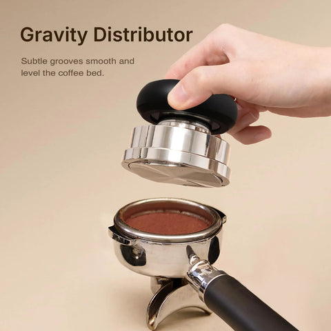 Gravity distributor tool being used with portafilter in hand for the Ultimate Espresso Tamper Set For 58.4Mm Portafilters With Self Leveling Weight Orbital Wdt Tool And Gravity Distributor Pro Barista Gear To Nail Every Pull Smooth Crema And Zero Mess No Sweat Pure Grind Mastery Now.