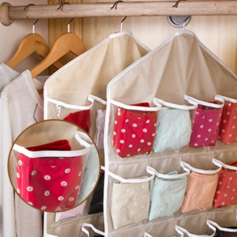 Hella Game Changing Hanging Closet Organizer Featuring Sixteen Roomy Pockets And Ultra Thick Fabric, detailed view with socks organized.