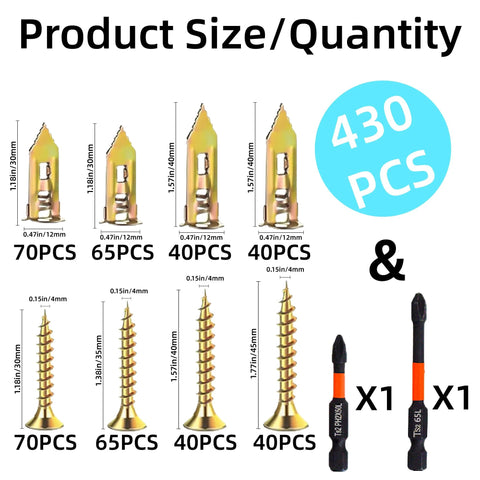 430 Piece Self Drilling Drywall Anchors And Screws Kit With 2 Sheetrock Anchor Sizes, 4 Zinc Expansion Screw Sizes, 2 Drill Bits