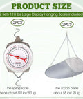 Two Pack 110 Lb Large Display Hanging Scales With Scoops And Chains For Produce Kitchen Dial Weight Scales For Shopping Travel And Food Weighing Great For Home Business Markets And Farms shown along with scale and scoop bearing capacities