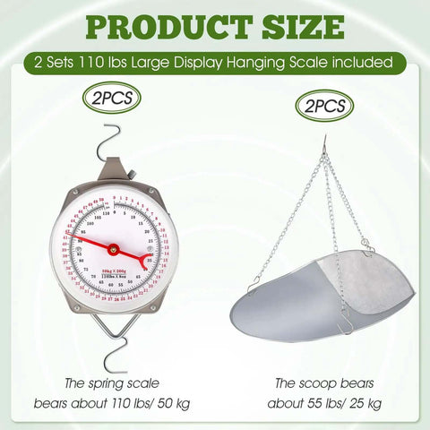 Two Pack 110 Lb Large Display Hanging Scales With Scoops And Chains For Produce Kitchen Dial Weight Scales For Shopping Travel And Food Weighing Great For Home Business Markets And Farms shown along with scale and scoop bearing capacities