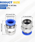 Five Pack Push To Connect Fittings One Half NPT Male Quick Connect For Pneumatic Air Lines 0.47 Inch Tube OD Nickel Plated Brass