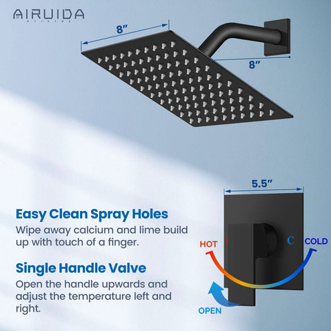 Airuida 8-inch matte black SUS304 stainless square rain shower head with wall-mount arm and single-handle valve