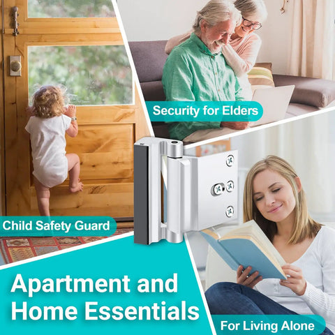 Collage of people in a home with a close-up of a door lock, illustrating 2 Pack Door Reinforcement Lock For Front Door Home Security Upgrade.