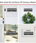 Two Pack No Soliciting Sign For Front Door Aluminum Metal Self Adhesive Built Tough Rust Free No Fade 7.5 By 2.5 Inches displayed on various surfaces