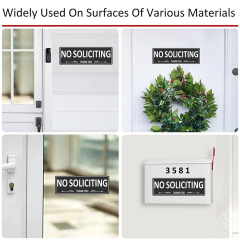 Two Pack No Soliciting Sign For Front Door Aluminum Metal Self Adhesive Built Tough Rust Free No Fade 7.5 By 2.5 Inches displayed on various surfaces