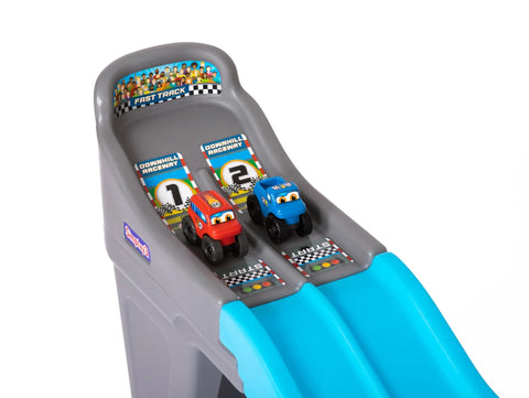 Ultra Durable Dual Track Downhill Raceway With Over 6 Feet Of Indestructible Track For Toddlers And Kids, two toy race cars