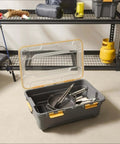 Toss Your Gear In This Heavy Duty 5.28 Gallon Waterproof Plastic Storage Tote Bin with kitchen utensils inside.