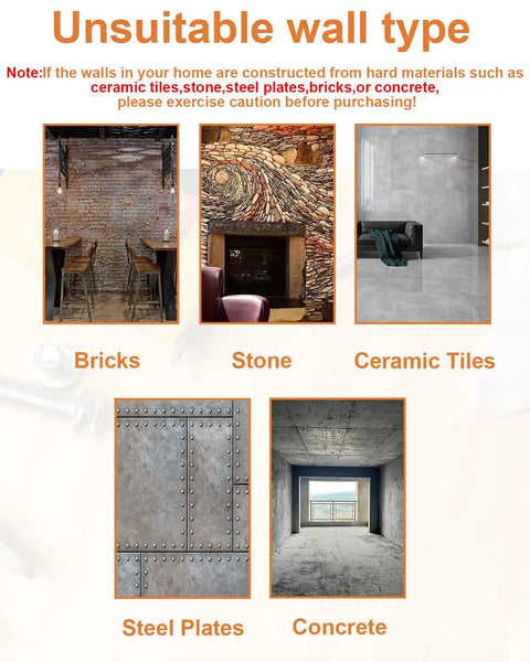 Image showing unsuitable wall types for Premium Self Drilling Drywall Anchors And Screws for hanging, including bricks, stone, steel plates, and concrete.