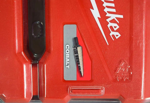Three Piece Milwaukee Cobalt Step Drill Bit Set For Metal And Wood With Sizes 1 4 9 shown in packaging with red coating