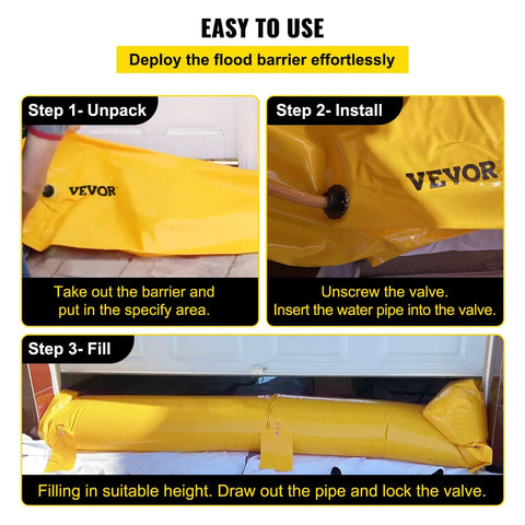 Heavy Duty Flood Barrier Kit With 24ft Water Barrier Tubes installation steps for home, showcasing PVC material and easy deployment.
