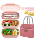 Three Stackable Bento Lunch Box Set With Leak Proof BPA Free Containers Includes Lunch Bag And Built In Utensils Dishwasher Safe Lid Excluded Great For Meal Prep Grab And Go Ready Adults And Kids Pink displaying stacked open containers, utensils, and matching bag.