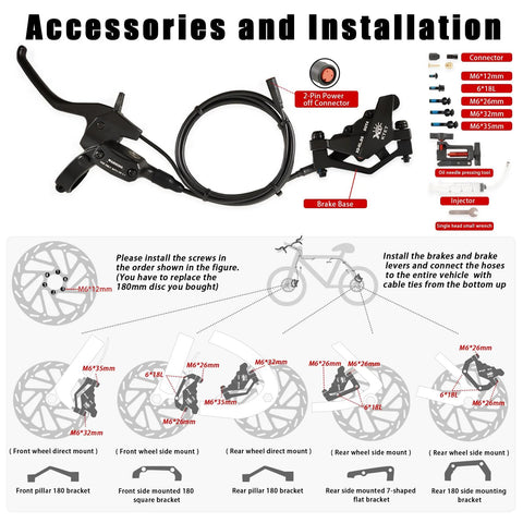 Front view of e-bike hydraulic brake kit with lever, hose, caliper, 180mm rotor and 2-pin waterproof connector