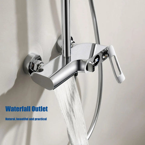 RIBEUJIZS Shower System, 10inch/25cm Round Rain Shower Set, Waterfall outlet with LED display and chrome finish faucet.