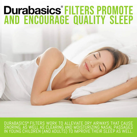 Woman sleeping peacefully, promoting Durabasics 4 Pack Premium Replacement Humidifier Filters For Holmes HWF62 HWF62CS.