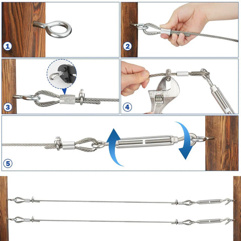 Installation steps of Beefy Heavy Duty 50 Foot Stainless Steel Wire Rope Kit With Quarter Inch Cable M8 Turnbuckles Clamps