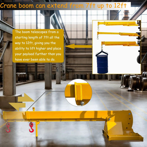 Heavy Hitter Telescoping Forklift Jib Boom Crane Attachment with extending boom from 7ft to 12ft for rigorous lifting tasks.