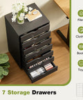 Top Tier Seven Drawer Wooden Dresser Featuring Heavy Duty Storage Cabinets And Smooth Rolling Casters For Bedroom Organization. Compact design with seven drawers.