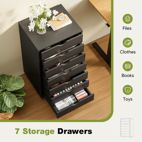 Top Tier Seven Drawer Wooden Dresser Featuring Heavy Duty Storage Cabinets And Smooth Rolling Casters For Bedroom Organization. Compact design with seven drawers.