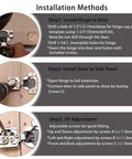 Installation steps for Heavy Duty Soft Close Cabinet Hinges 2 Pack, showing hinge installation and 3D adjustment details.