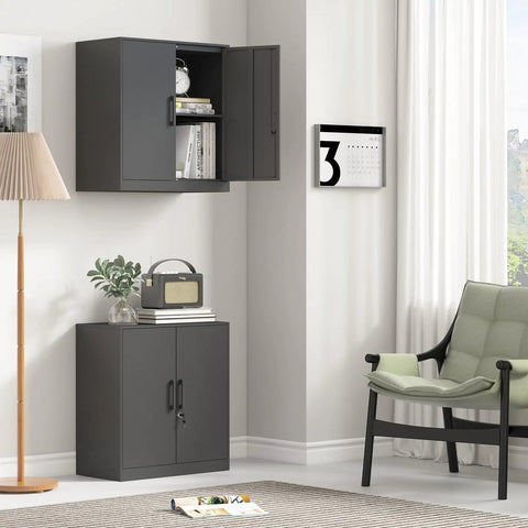 Lockable Steel Wall Mounted Cabinet, 28 Inch High, Two Door Metal Storage Locker in black, mounted in a modern office setting.