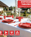 Kickback Ready Red Plastic Dinnerware Set Feeds Fifty Guests With Nine Inch Plates Seven Inch Snack Plates 12 Ounce Cups Utensils And Napkins For No Stress Backyard Hangouts, red disposable tableware setup.