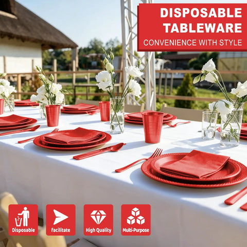 Kickback Ready Red Plastic Dinnerware Set Feeds Fifty Guests With Nine Inch Plates Seven Inch Snack Plates 12 Ounce Cups Utensils And Napkins For No Stress Backyard Hangouts, red disposable tableware setup.