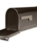 Chadwick Postmount Mailbox in rubbed bronze open view with galvanized steel body and cast aluminum handle for large curbside deliveries.