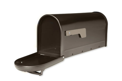 Chadwick Postmount Mailbox in rubbed bronze open view with galvanized steel body and cast aluminum handle for large curbside deliveries.