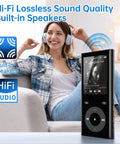 90GB MP3 Player With Bluetooth 5.3 Expandable To 256GB With Dual TF Card Slots, displayed next to a person wearing headphones.
