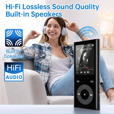 90GB MP3 Player With Bluetooth 5.3 Expandable To 256GB With Dual TF Card Slots, displayed next to a person wearing headphones.