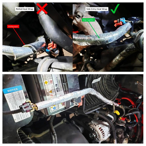 Comparison of side entry vs rolled Heavy-Duty Self-Wrap Aluminum Heat Shield Sleeve With Side Entry For Hoses Wiring Harnesses And Cables In Automotive Exhaust, 39 Inch Length, Temperature Range -40C To 150C, Oil Resistant, 25 Percent Overlap, High Temp Sleeve in vehicle engine bay.
