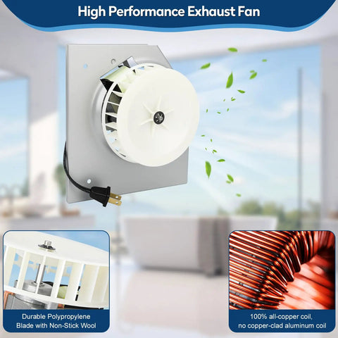 Replacement Bathroom Exhaust Fan Motor With Blower Wheel, 70 CFM, Quiet Yet Powerful, white polypropylene fan blade, copper coil.