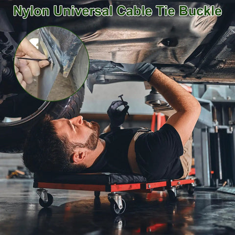 Mechanic using Heavy Duty Nylon Universal Cable Tie Buckles With Pin And Button Lock For Car Repairs under a vehicle.