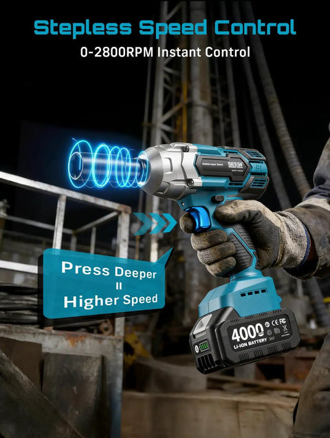 Person using Cordless Impact Wrench 1/2 Inch High Torque Beast With Brushless Motor 479 Ft Lbs in a workshop setting.