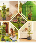 Collage of two pack tomato planters with trellis, 56 inch tomato cages for indoor and outdoor climbing plants, self watering vertical garden beds shown on balcony, greenhouse, outdoor garden, and indoor setting.