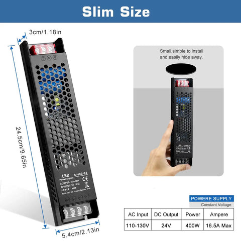 Ultra Slim 24V 400W LED Power Supply With Constant Voltage 110 To 130V AC Input 16.7A Output Aluminum Enclosure For LED Strip Lights Cabinet Lighting Signage And Display Lighting, 24.5cm x 5.4cm x 3cm