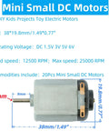 Illustration of specs for Twenty Piece Mini DC Motors Pack For DIY Kids Projects Tiny 1.49 by 0.77 inch Motors 1.5V-6V 12500 RPM.