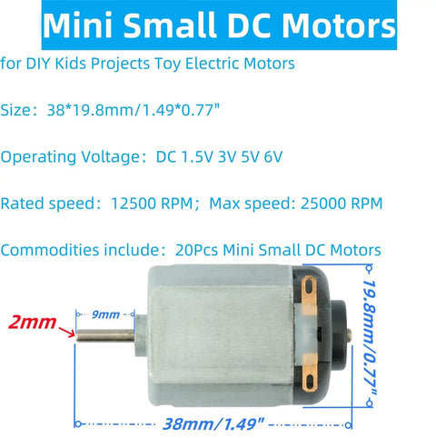 Illustration of specs for Twenty Piece Mini DC Motors Pack For DIY Kids Projects Tiny 1.49 by 0.77 inch Motors 1.5V-6V 12500 RPM.