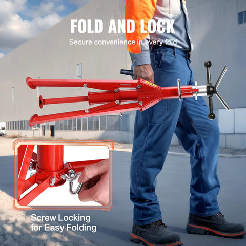 Pipe jack stand, red steel, adjustable height, foldable and portable with screw lock.