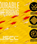 Close-up of durable yellow webbing showing abrasion-resistant, interlocking weaves, weather-resistant properties.
